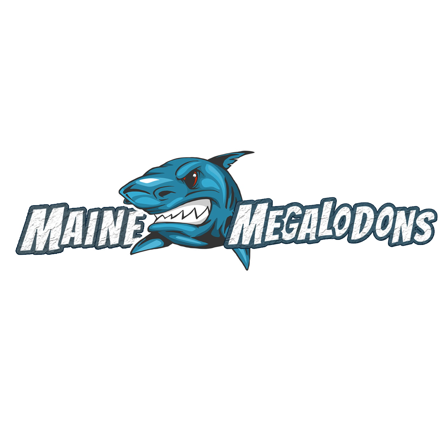 Maine Megalodons logo featuring fierce cartoon megalodon shark and bold blue typography.
