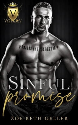 Muscular man book cover, Voinov crest, Sinful Promise title, author Zoe Beth Geller.