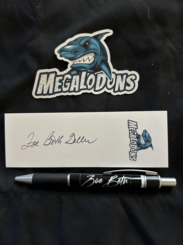 Megalodons logo, branded signature card, and personalized pen with Joe Bath Dillon signature.