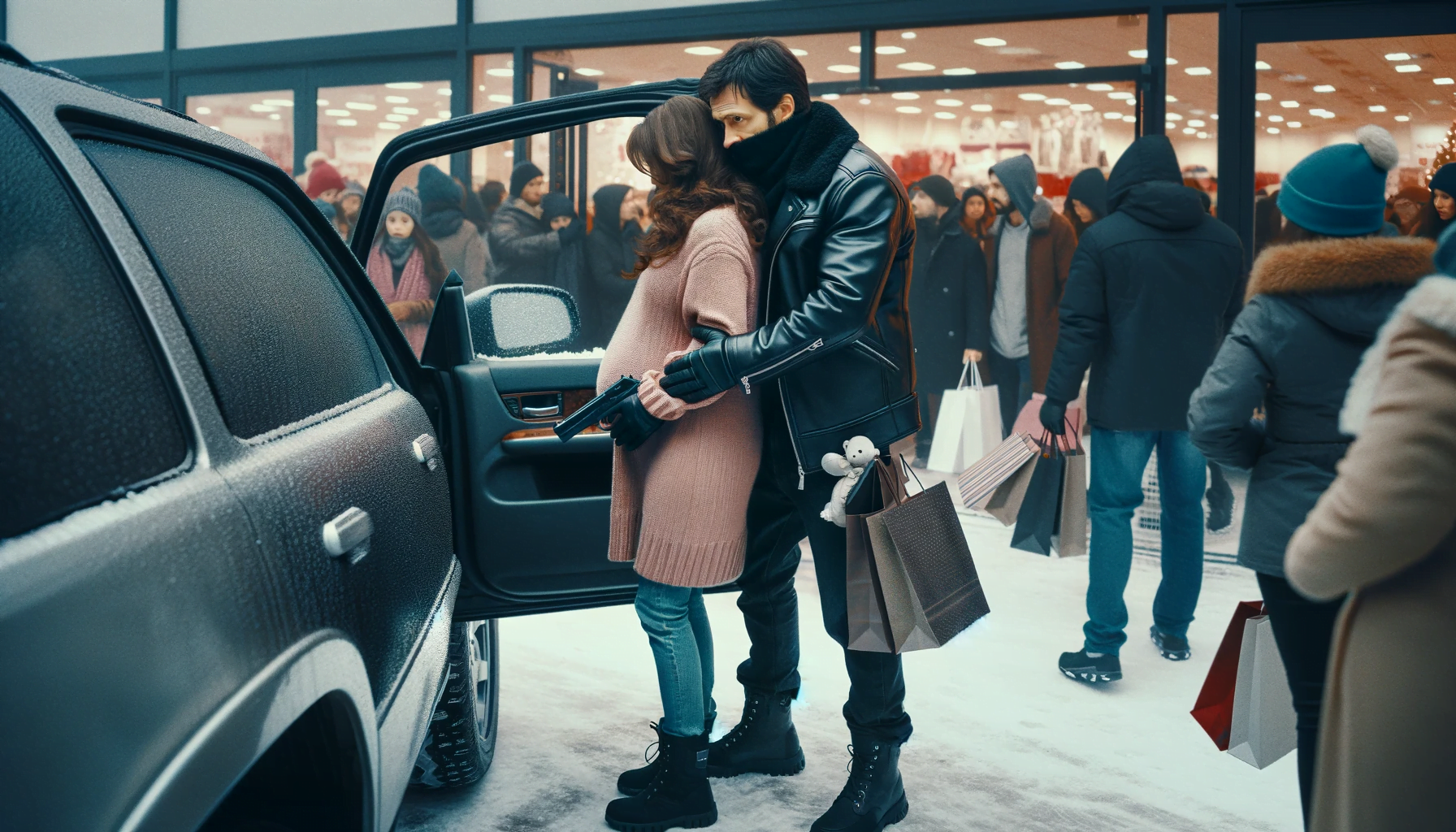 Couple Shopping During Winter Rush Outside Store Amid Snow, Capturing Holiday Season Chaos.