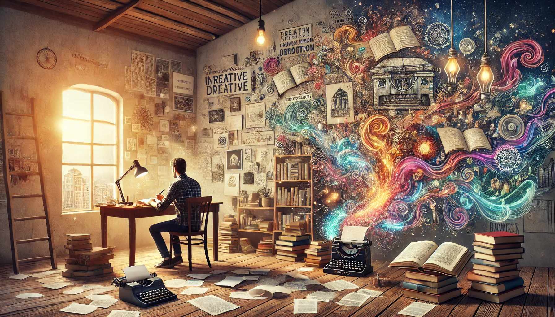 Sunlit room with typewriter, swirling colors, and books symbolizing creativity and inspiration.