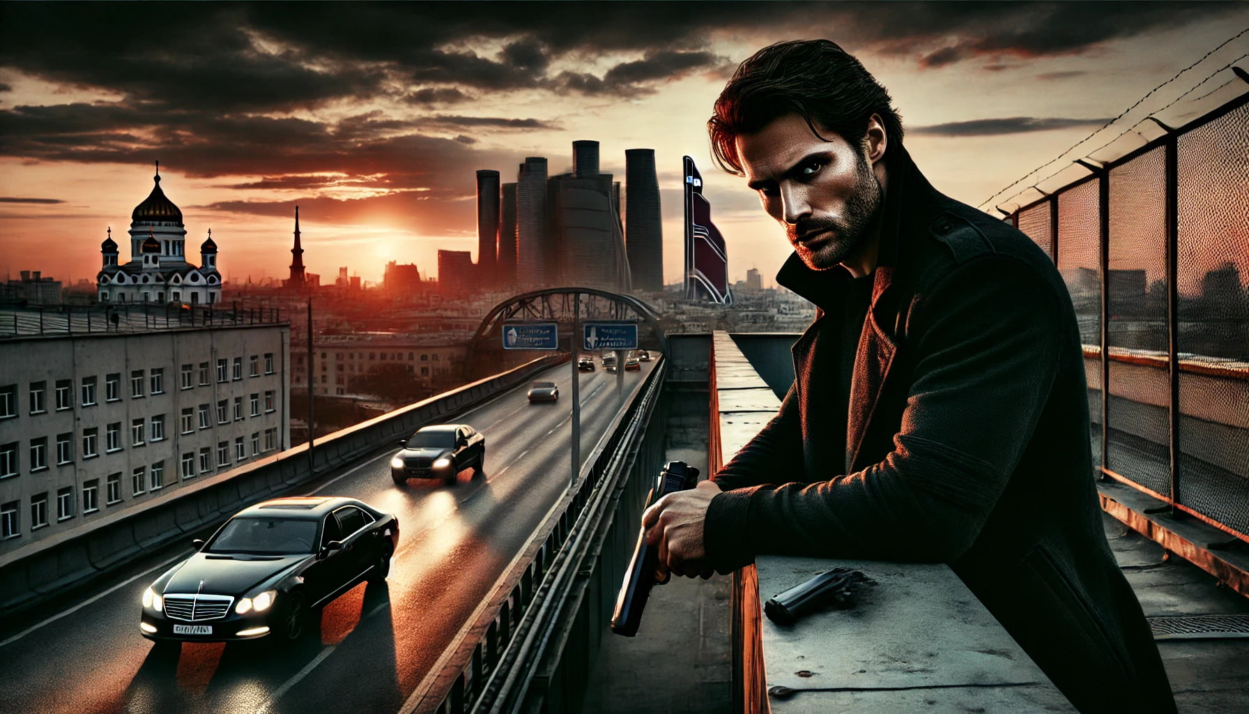 Man with gun overlooks city at sunset, creating a moody, suspenseful urban scene.