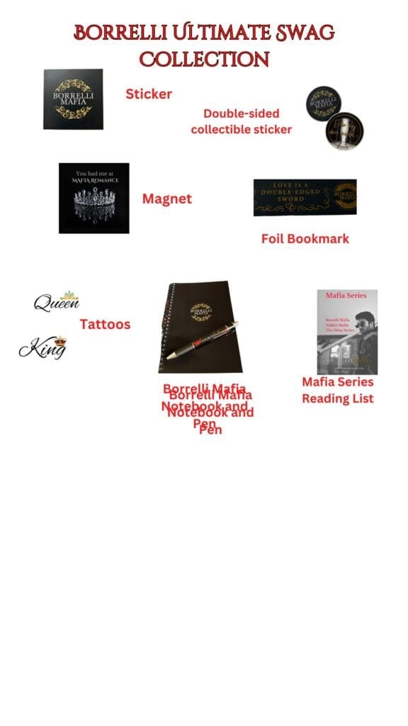Borrelli Swag: Stickers, Magnet, Foil Bookmark, Tattoos, Reading List, Post-its, Pens, Patches.